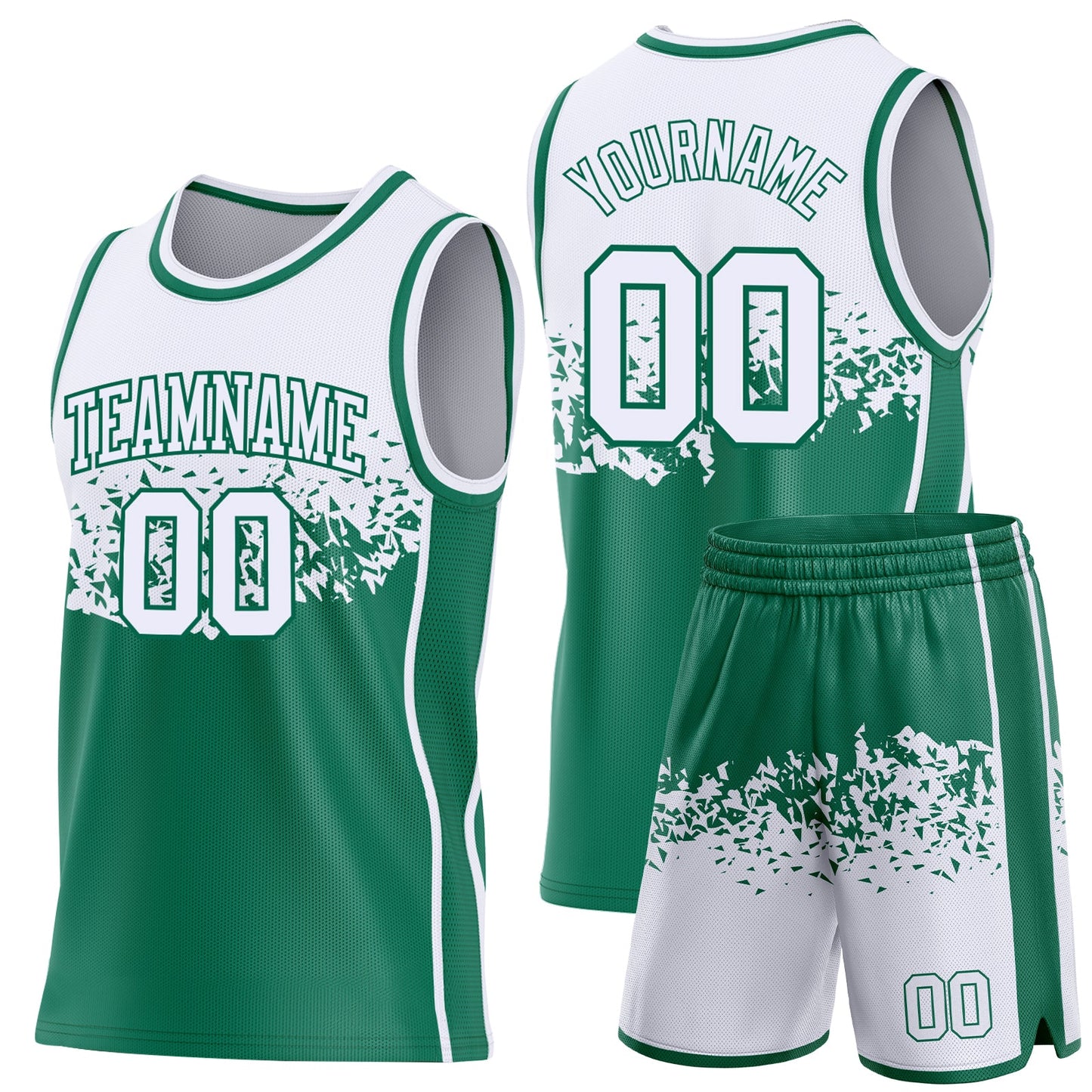 Custom White-Kelly Green Shattered Geometric Side Panel Stripe Round Neck Sublimation Basketball Set Jersey
