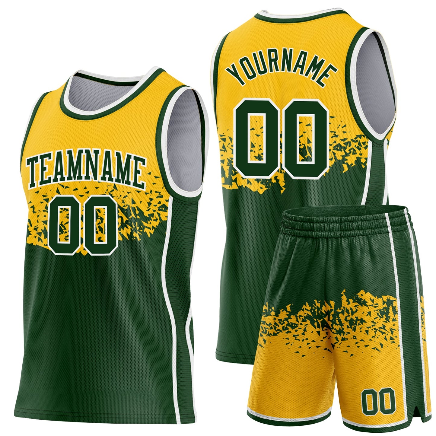 Custom Gold Green-White Shattered Geometric Side Panel Stripe Round Neck Sublimation Basketball Set Jersey