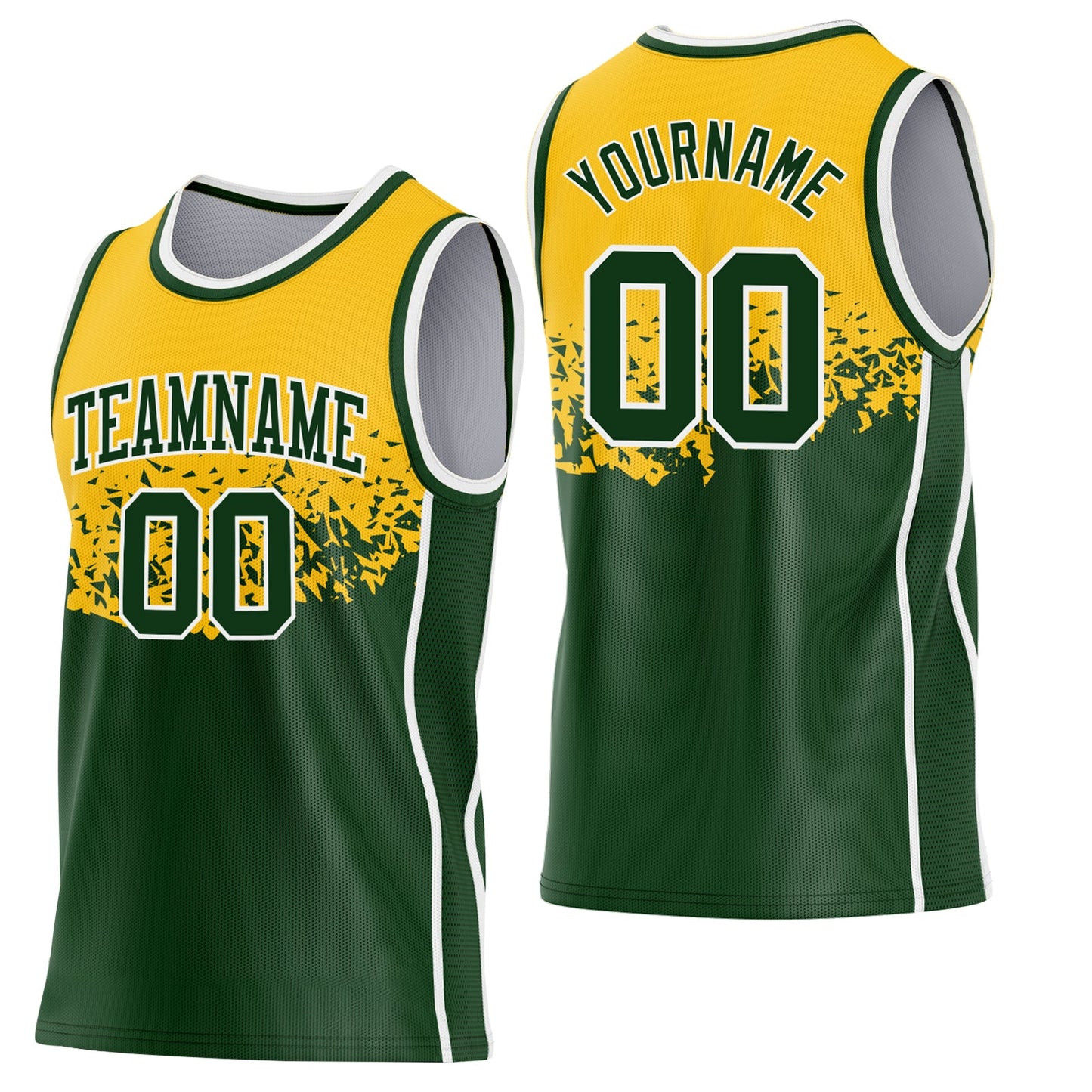 Custom Gold Green-White Shattered Geometric Side Panel Stripe Round Neck Sublimation Basketball Set Jersey