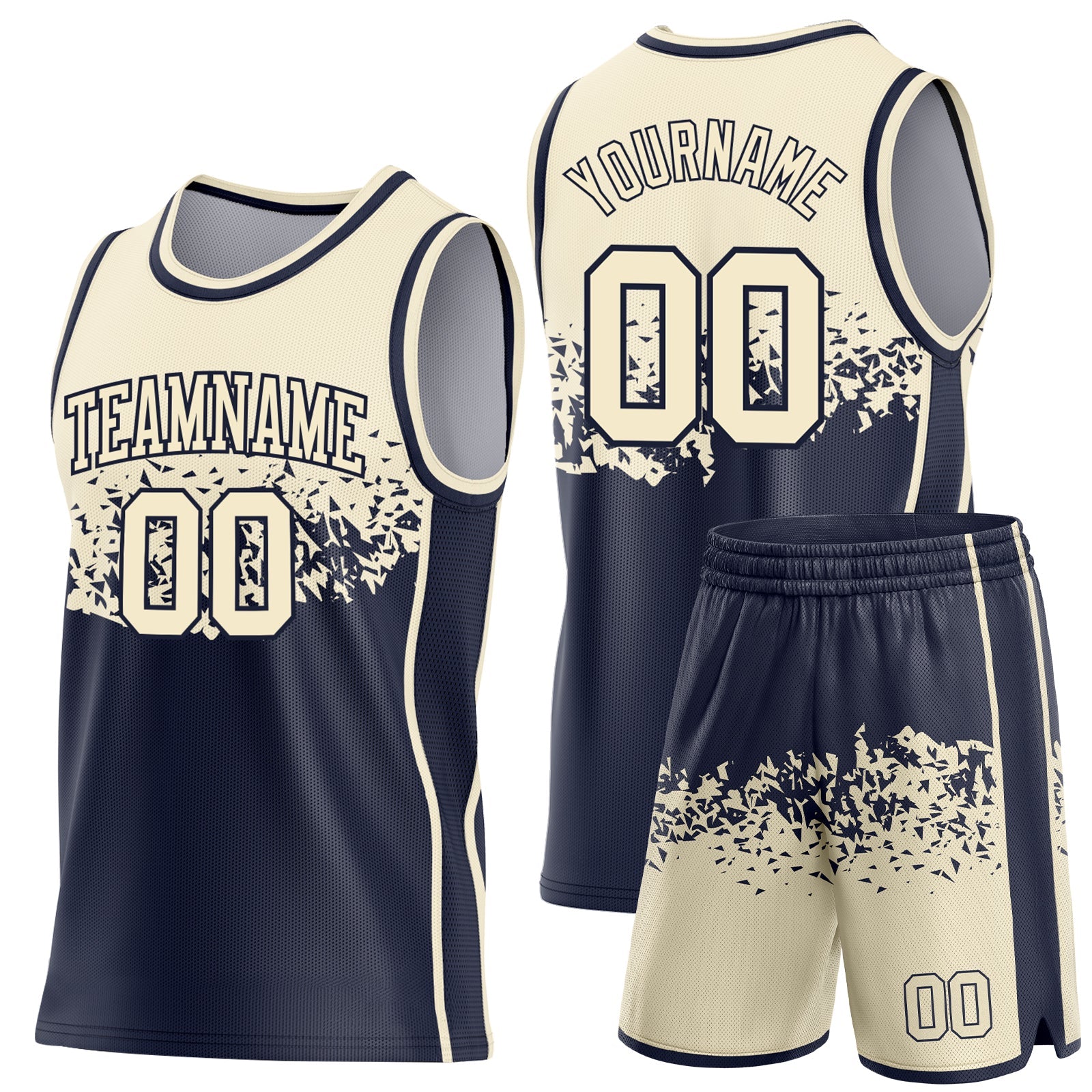 Custom Cream-Navy Shattered Geometric Side Panel Stripe Round Neck Sublimation Basketball Set Jersey