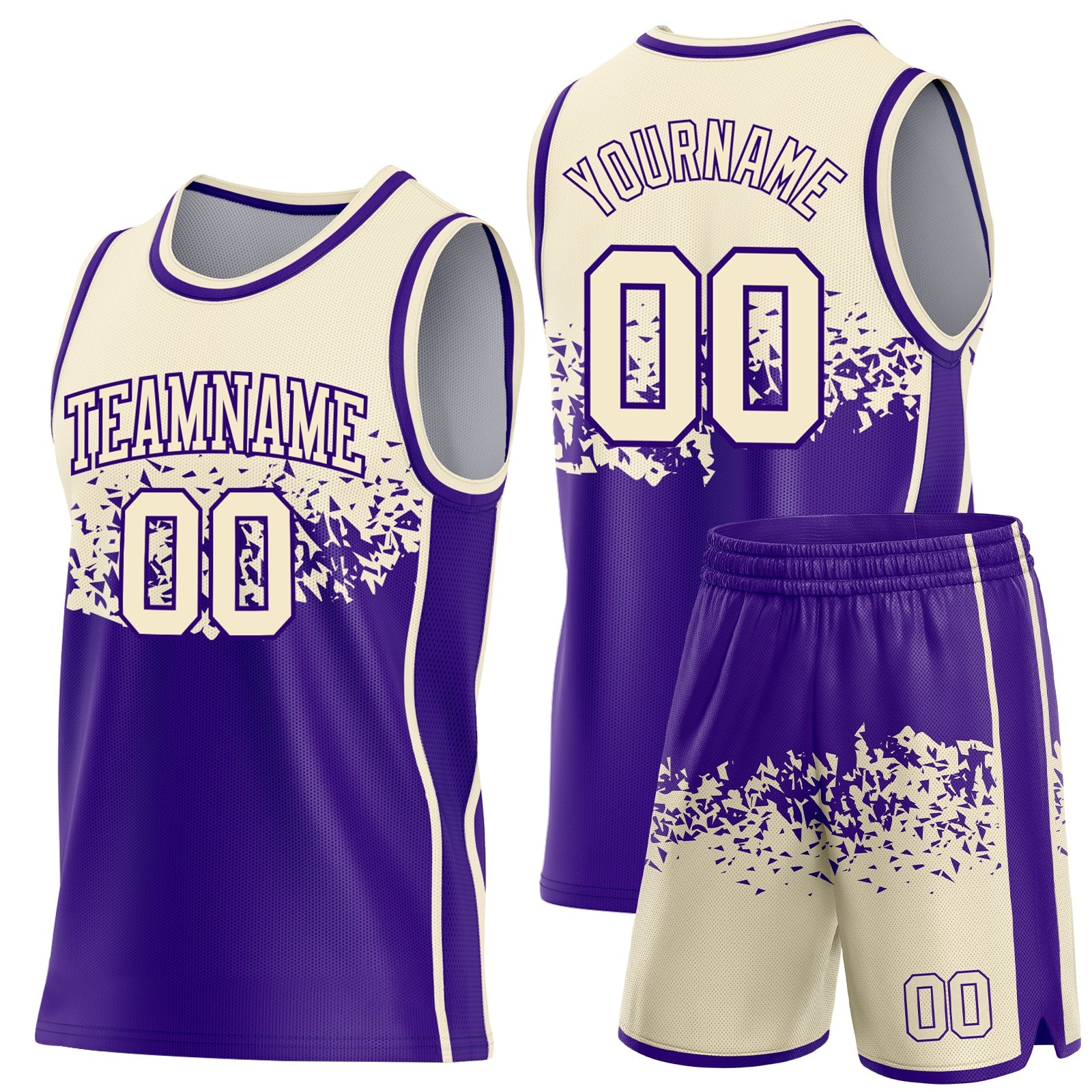Custom Cream-Purple Shattered Geometric Side Panel Stripe Round Neck Sublimation Basketball Set Jersey