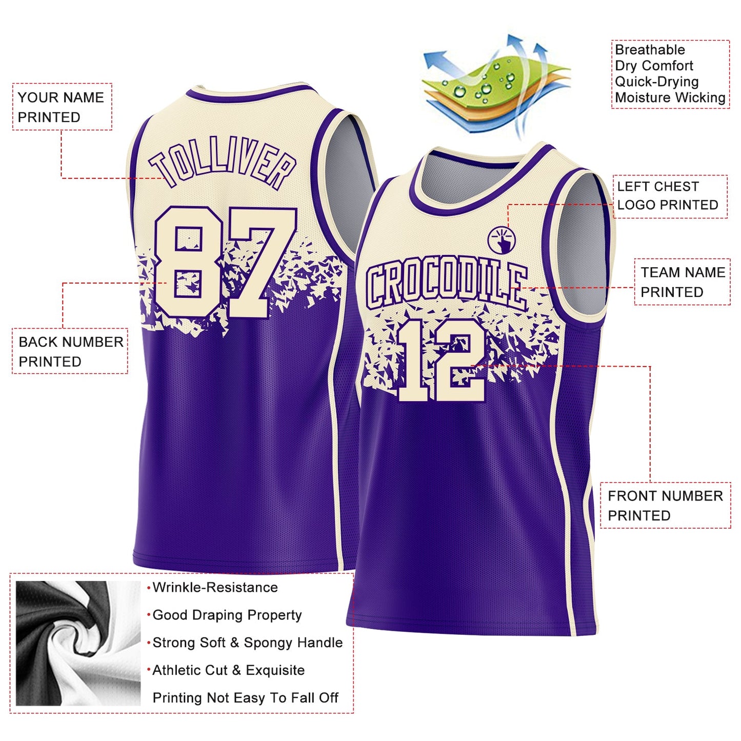Custom Cream-Purple Shattered Geometric Side Panel Stripe Round Neck Sublimation Basketball Set Jersey