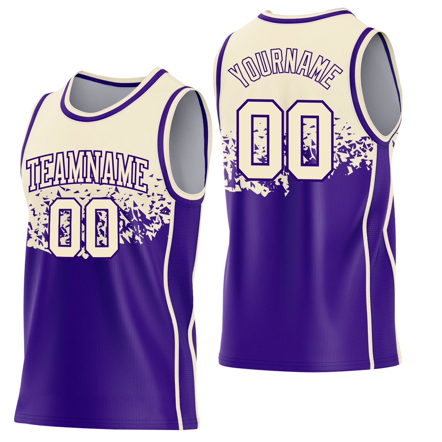 Custom Cream-Purple Shattered Geometric Side Panel Stripe Round Neck Sublimation Basketball Set Jersey