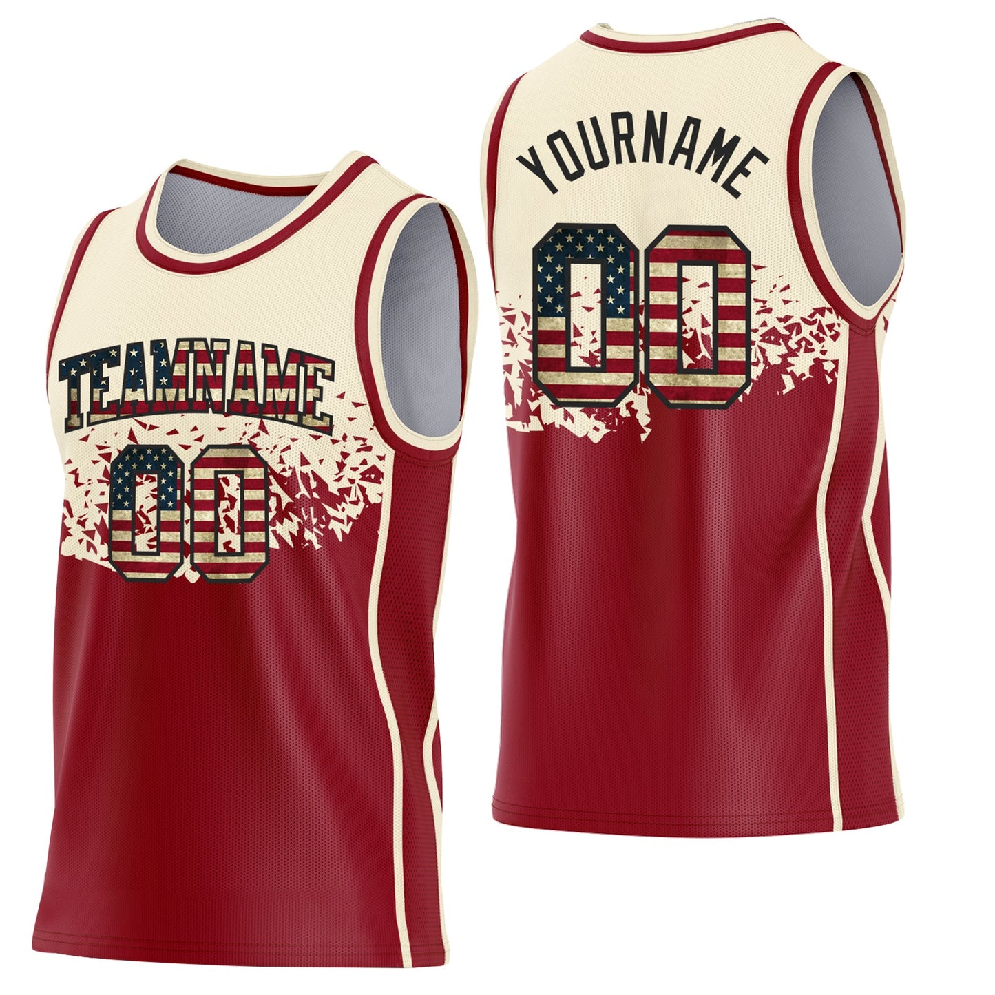 Custom Cream Vintage USA Flag Maroon-Black Shattered Geometric Side Panel Stripe Round Neck Sublimation Basketball Set Jersey