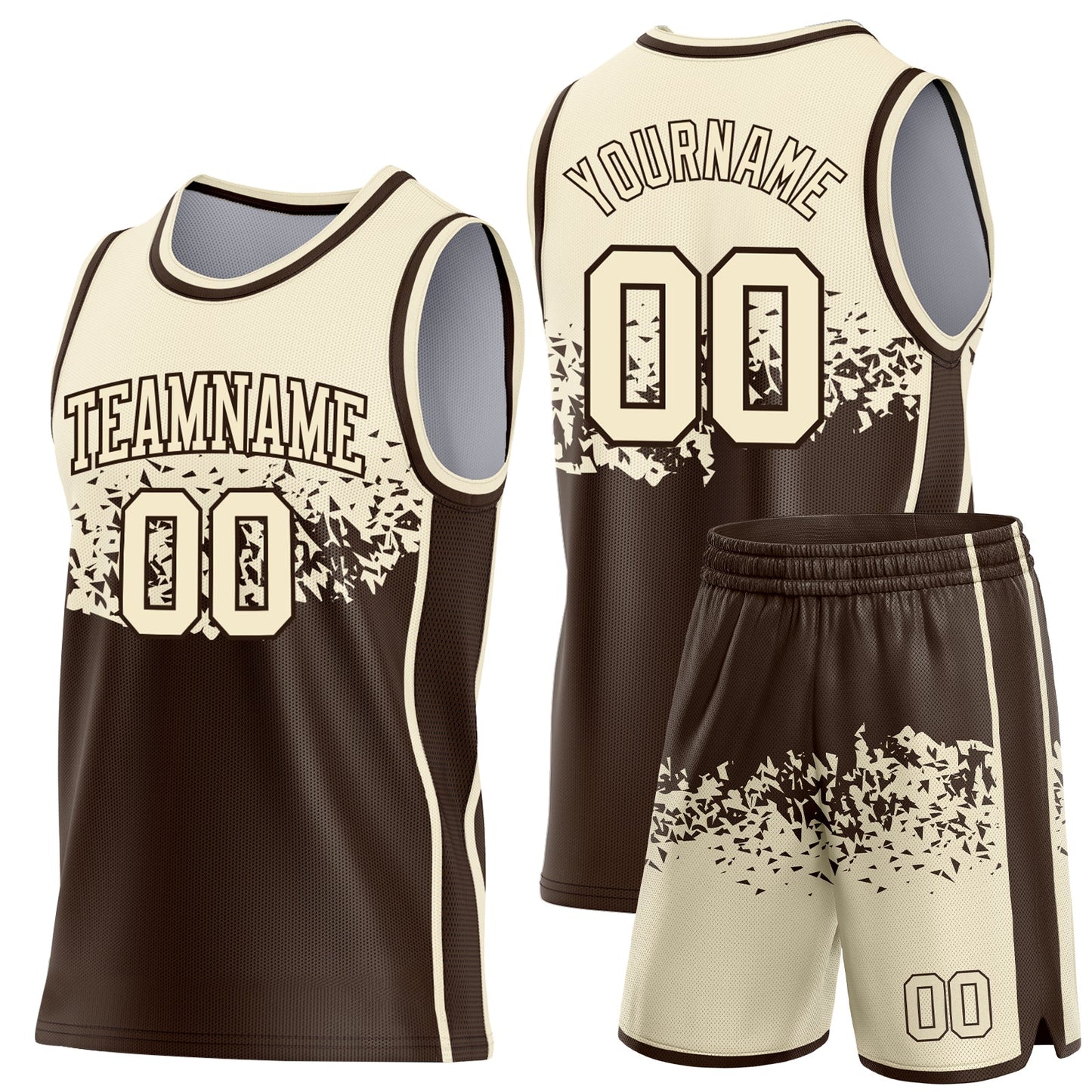 Custom Cream-Brown Shattered Geometric Side Panel Stripe Round Neck Sublimation Basketball Set Jersey