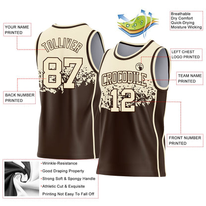 Custom Cream-Brown Shattered Geometric Side Panel Stripe Round Neck Sublimation Basketball Set Jersey