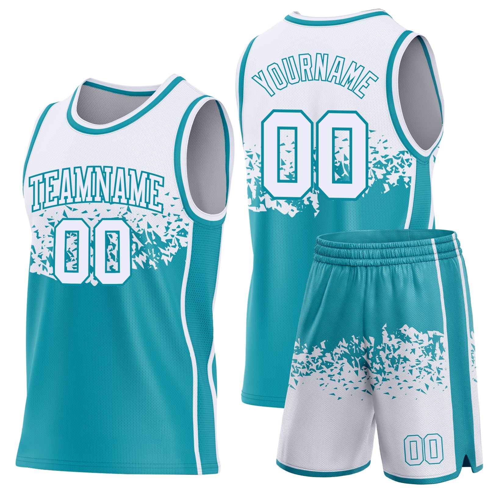 Custom White-Teal Shattered Geometric Side Panel Stripe Round Neck Sublimation Basketball Set Jersey