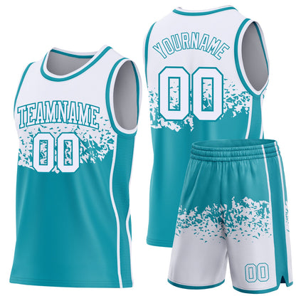 Custom White-Teal Shattered Geometric Side Panel Stripe Round Neck Sublimation Basketball Set Jersey