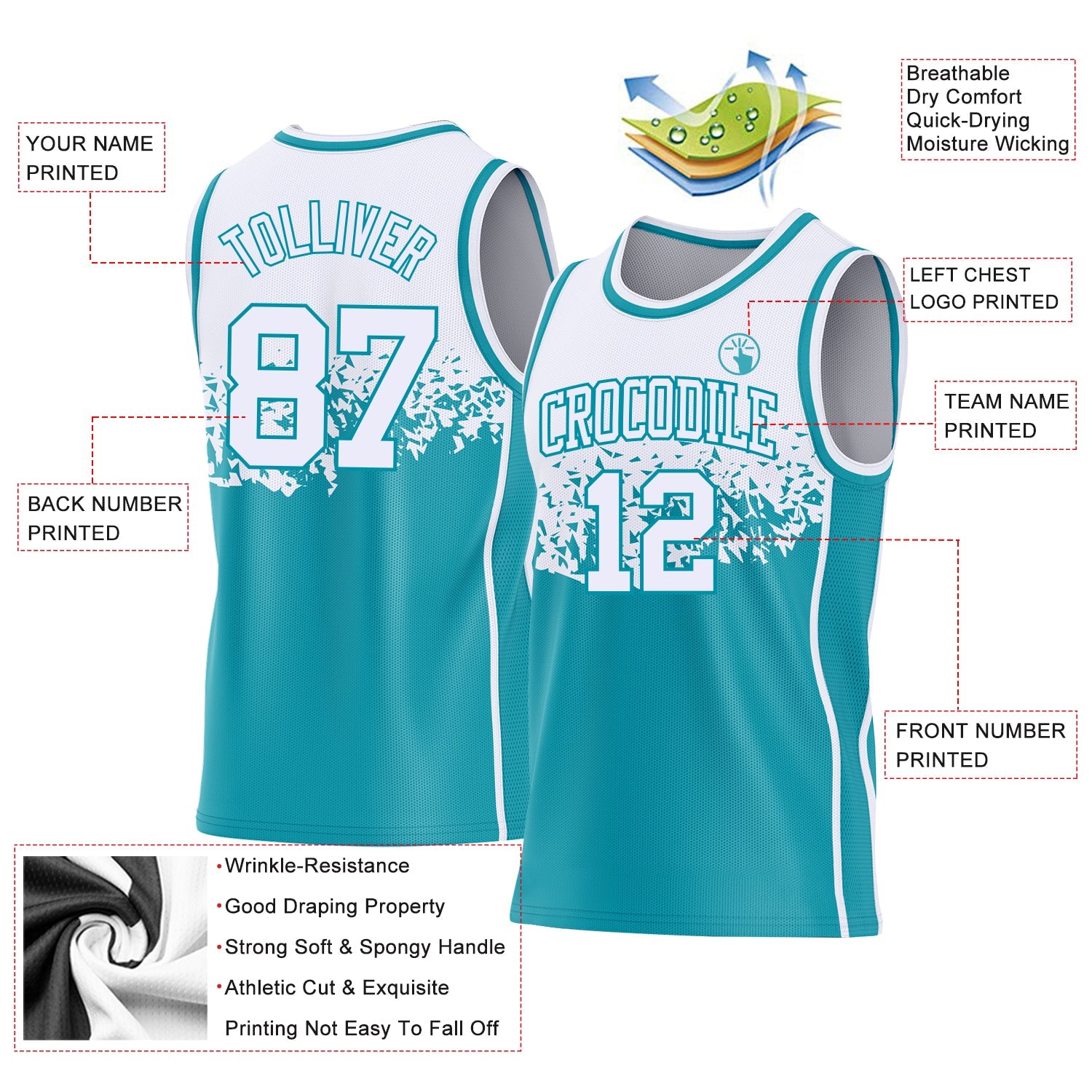 Custom White-Teal Shattered Geometric Side Panel Stripe Round Neck Sublimation Basketball Set Jersey