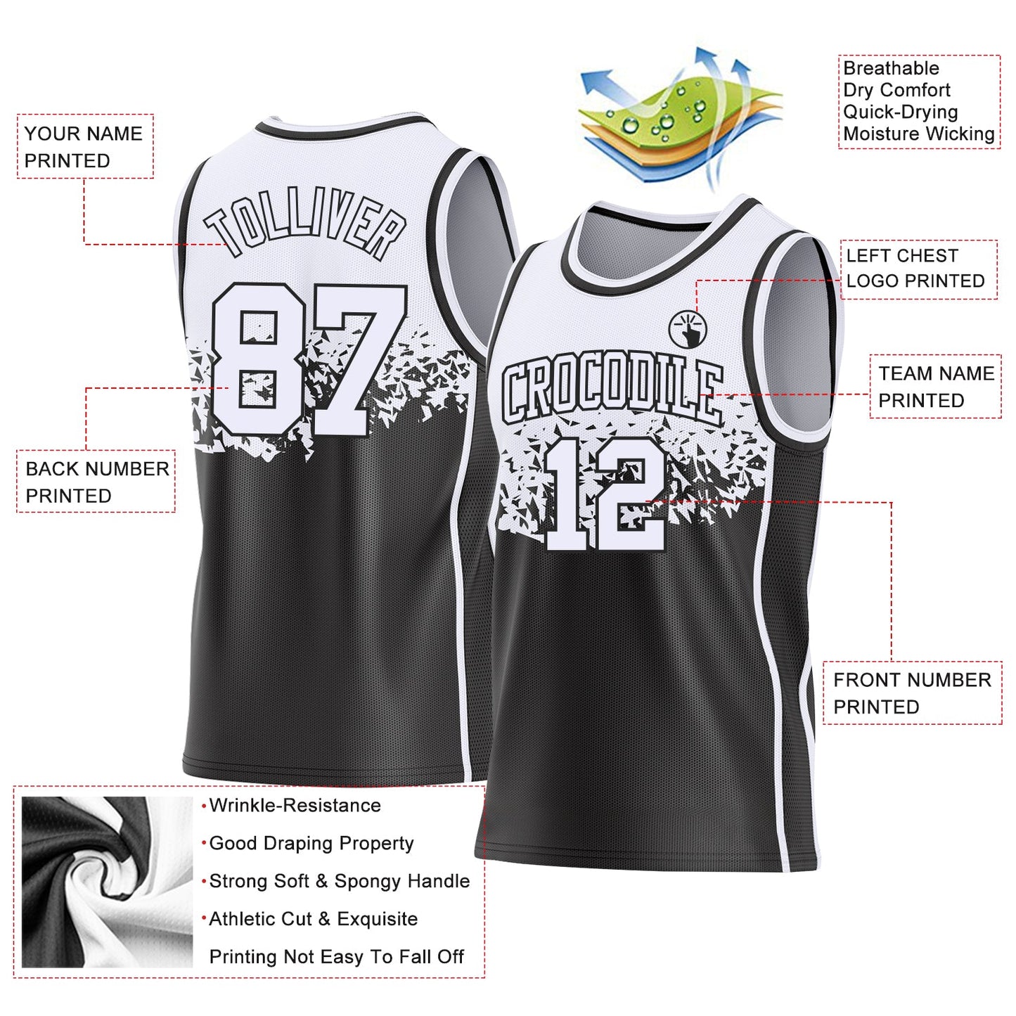 Custom White-Black Shattered Geometric Side Panel Stripe Round Neck Sublimation Basketball Set Jersey