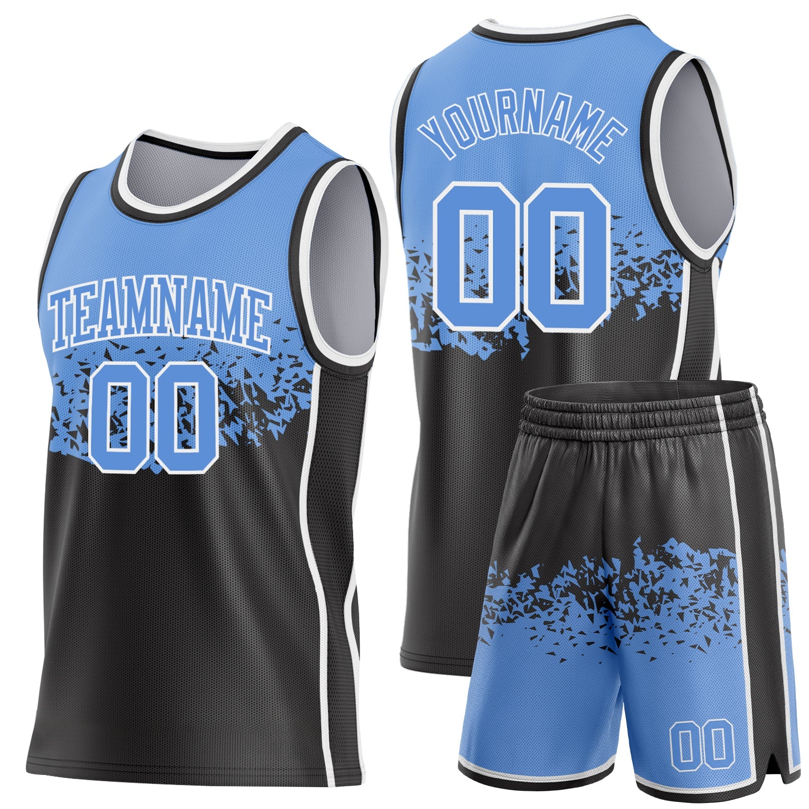 Custom Light Blue Black-White Shattered Geometric Side Panel Stripe Round Neck Sublimation Basketball Set Jersey
