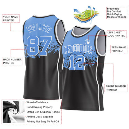 Custom Light Blue Black-White Shattered Geometric Side Panel Stripe Round Neck Sublimation Basketball Set Jersey
