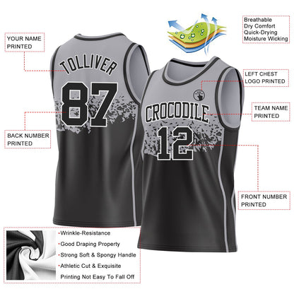 Custom Gray Black-White Shattered Geometric Side Panel Stripe Round Neck Sublimation Basketball Set Jersey