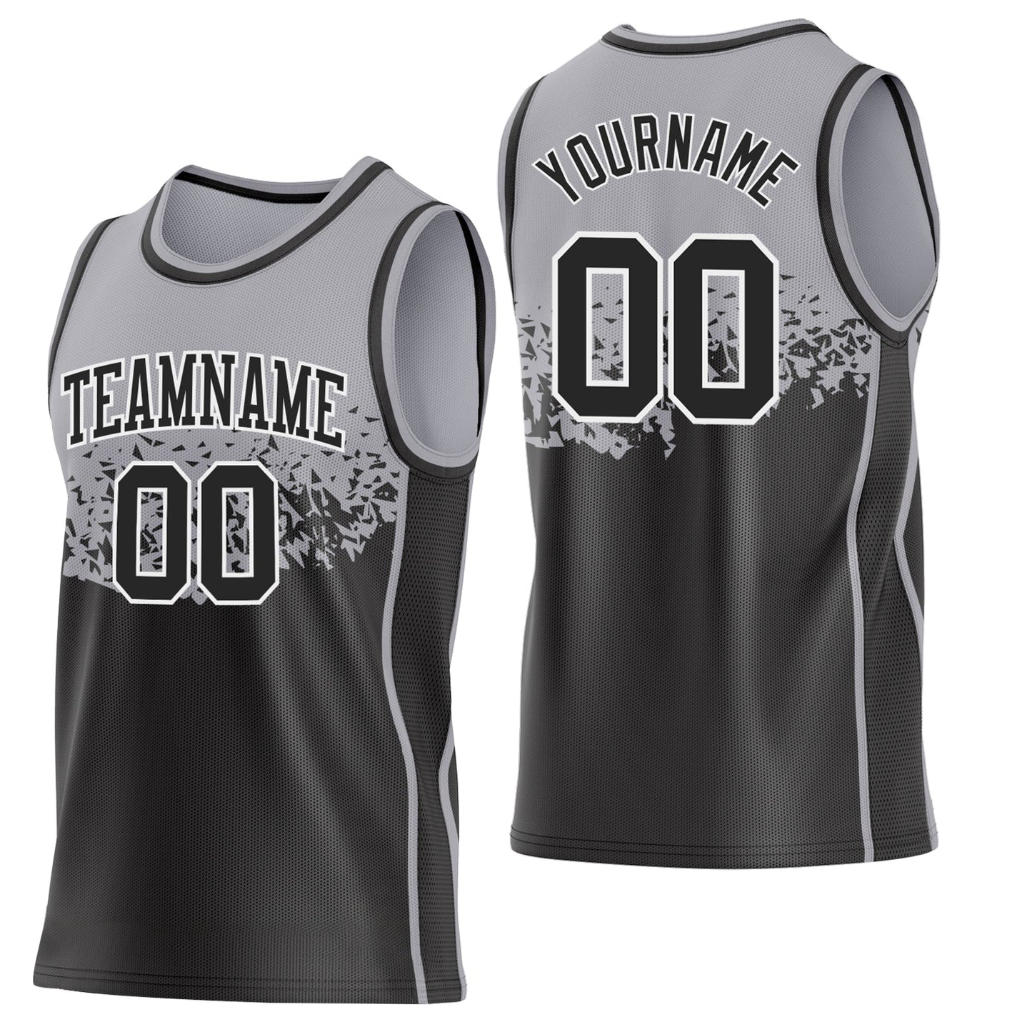 Custom Gray Black-White Shattered Geometric Side Panel Stripe Round Neck Sublimation Basketball Set Jersey