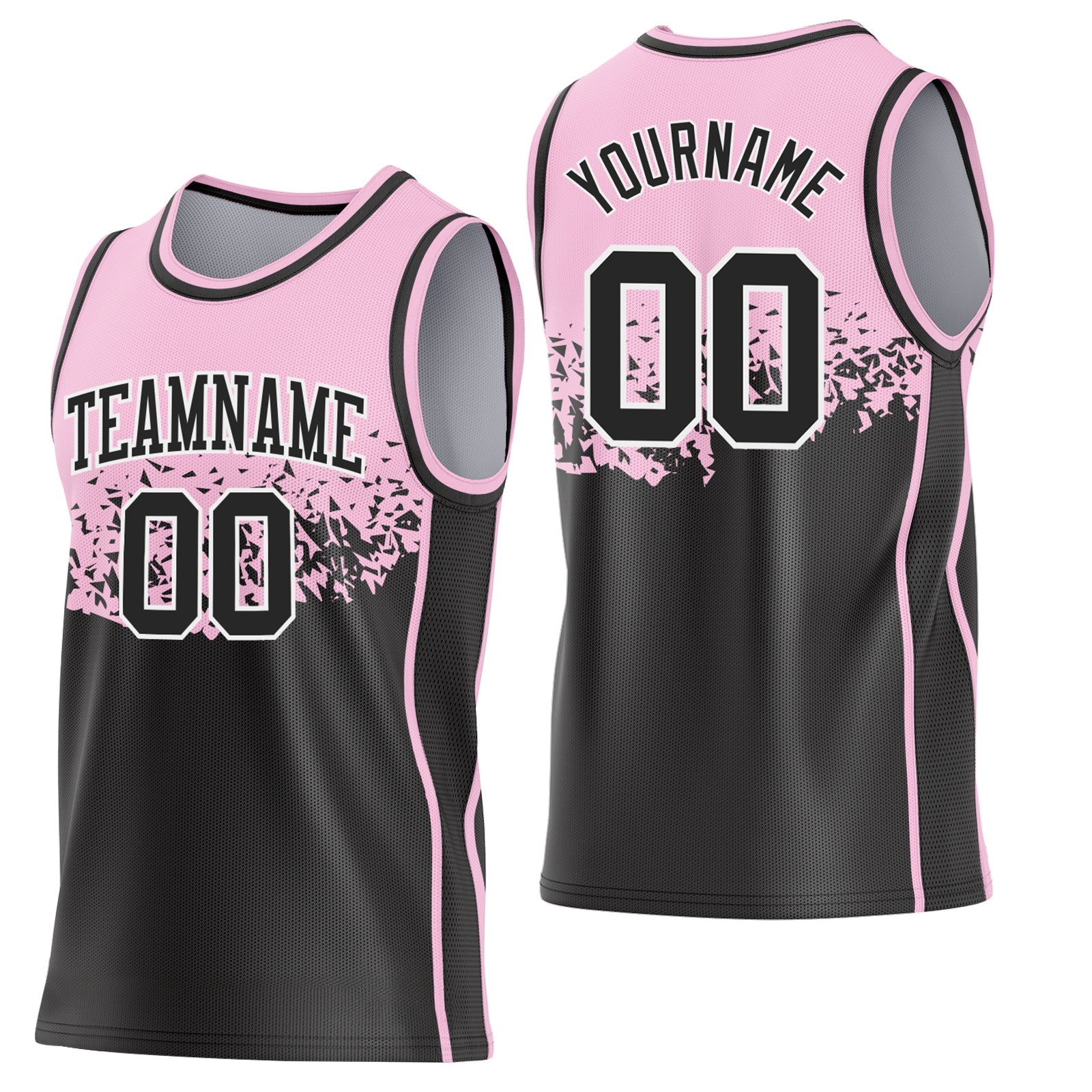 Custom Light Pink Black-White Shattered Geometric Side Panel Stripe Round Neck Sublimation Basketball Set Jersey