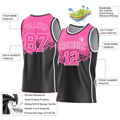 Custom Pink Black-White Shattered Geometric Side Panel Stripe Round Neck Sublimation Basketball Set Jersey