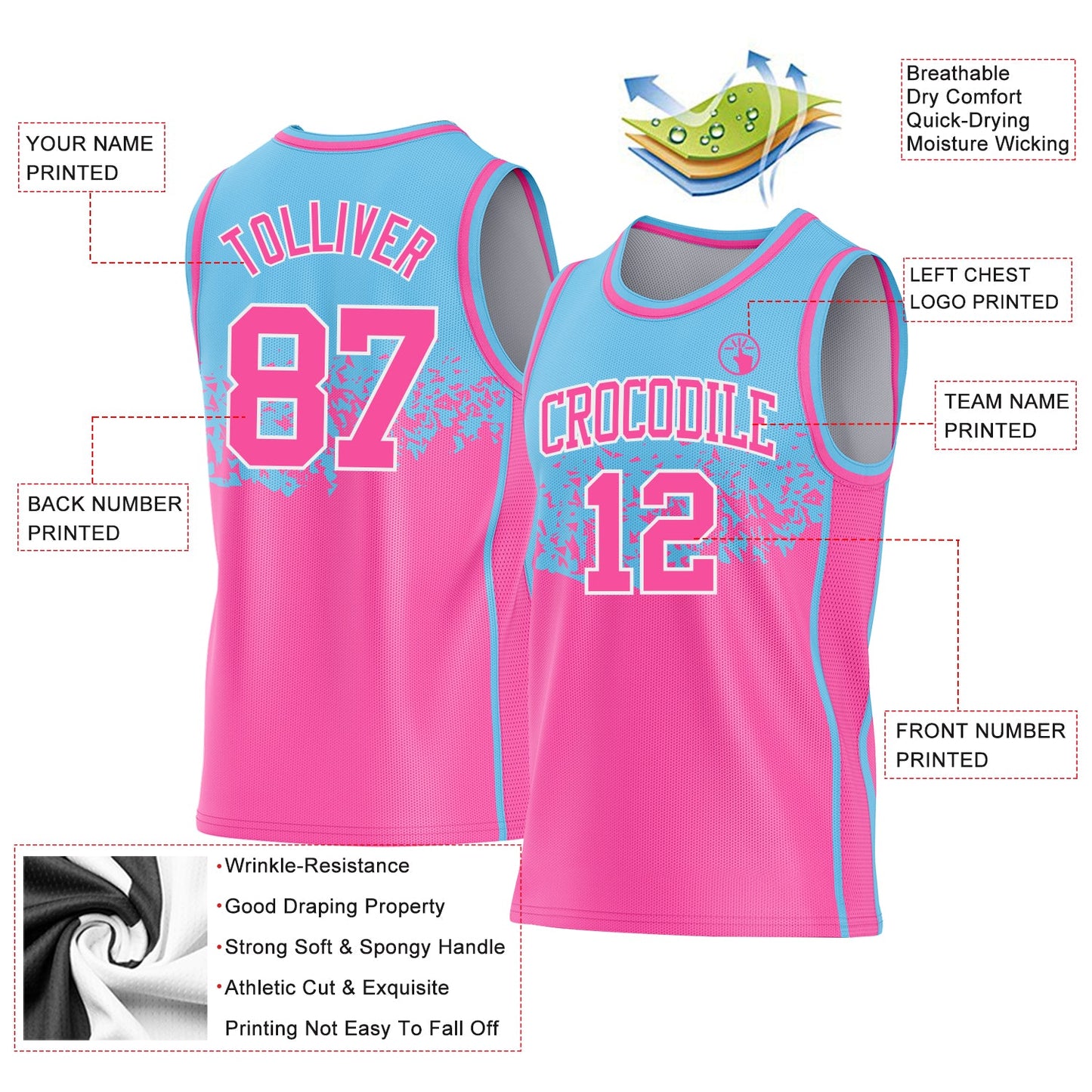 Custom Sky Blue Pink-White Shattered Geometric Side Panel Stripe Round Neck Sublimation Basketball Set Jersey