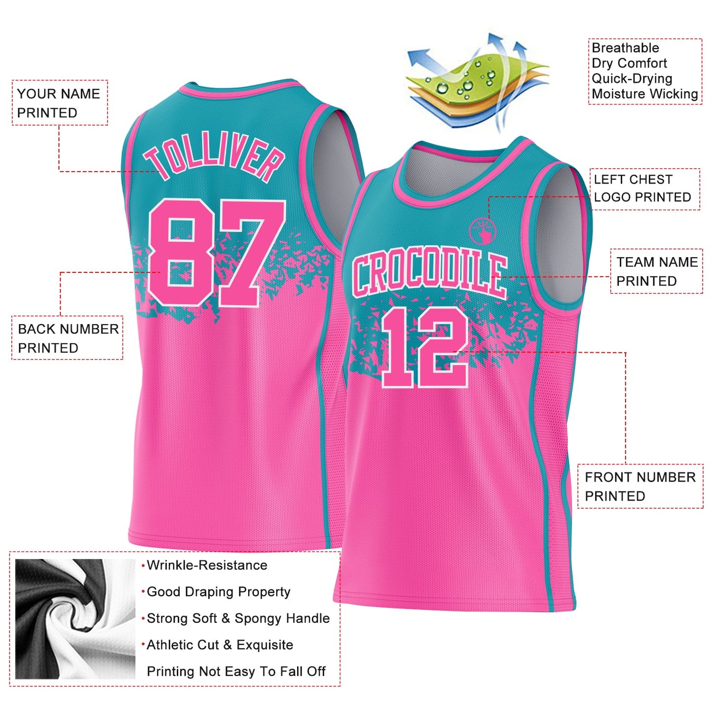 Custom Teal Pink-White Shattered Geometric Side Panel Stripe Round Neck Sublimation Basketball Set Jersey