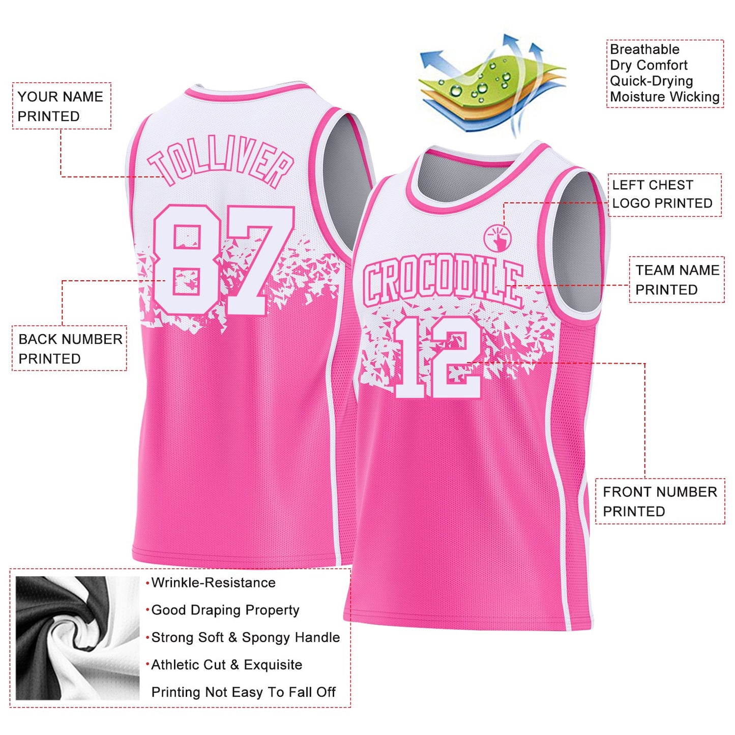 Custom White-Pink Shattered Geometric Side Panel Stripe Round Neck Sublimation Basketball Set Jersey