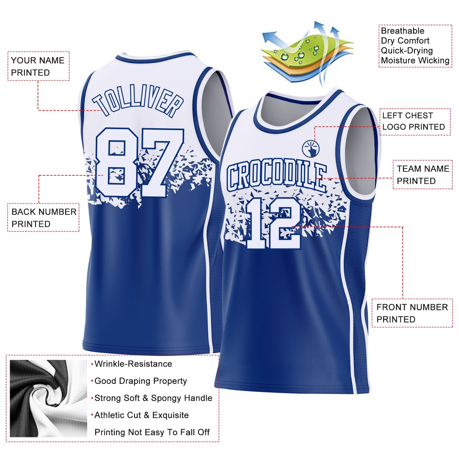 Custom White-Royal Shattered Geometric Side Panel Stripe Round Neck Sublimation Basketball Set Jersey