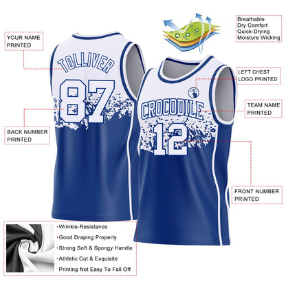 Custom White-Royal Shattered Geometric Side Panel Stripe Round Neck Sublimation Basketball Set Jersey