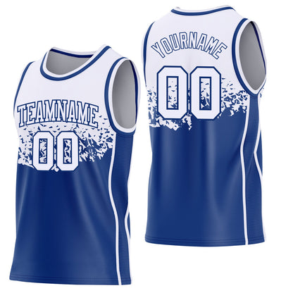 Custom White-Royal Shattered Geometric Side Panel Stripe Round Neck Sublimation Basketball Set Jersey