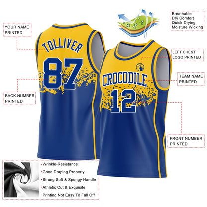 Custom Gold Royal-White Shattered Geometric Side Panel Stripe Round Neck Sublimation Basketball Set Jersey