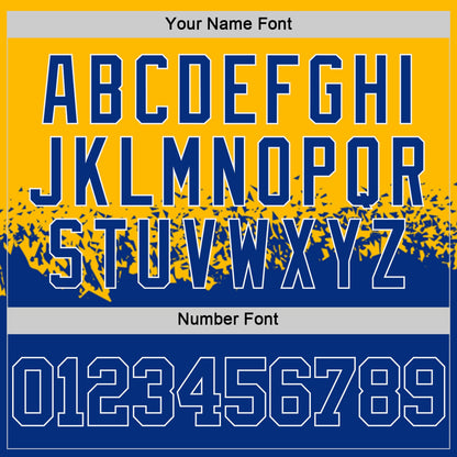 Custom Gold Royal-White Shattered Geometric Side Panel Stripe Round Neck Sublimation Basketball Set Jersey