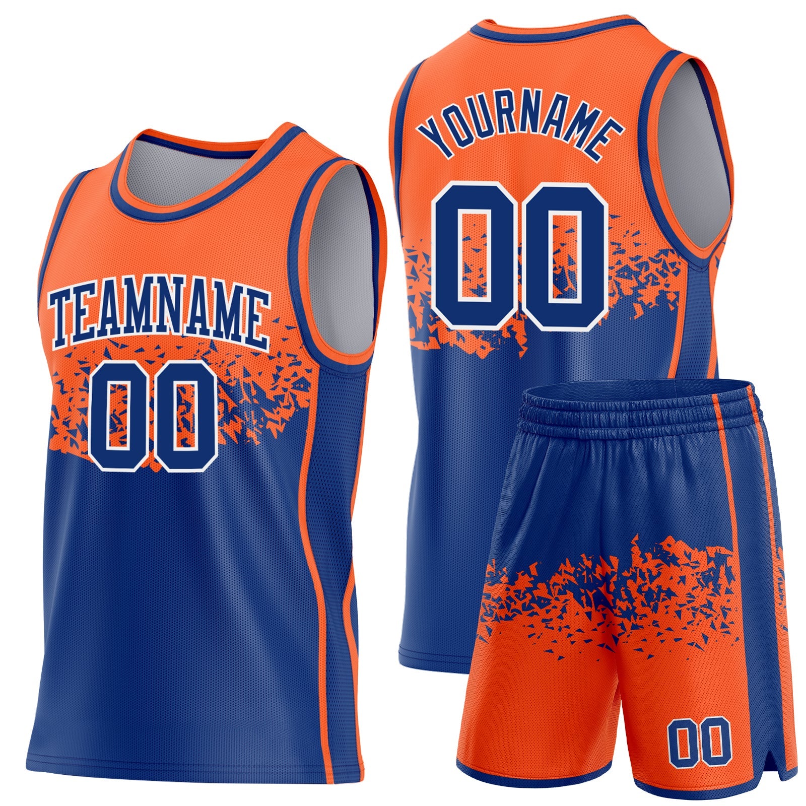Custom Orange Royal-White Shattered Geometric Side Panel Stripe Round Neck Sublimation Basketball Set Jersey