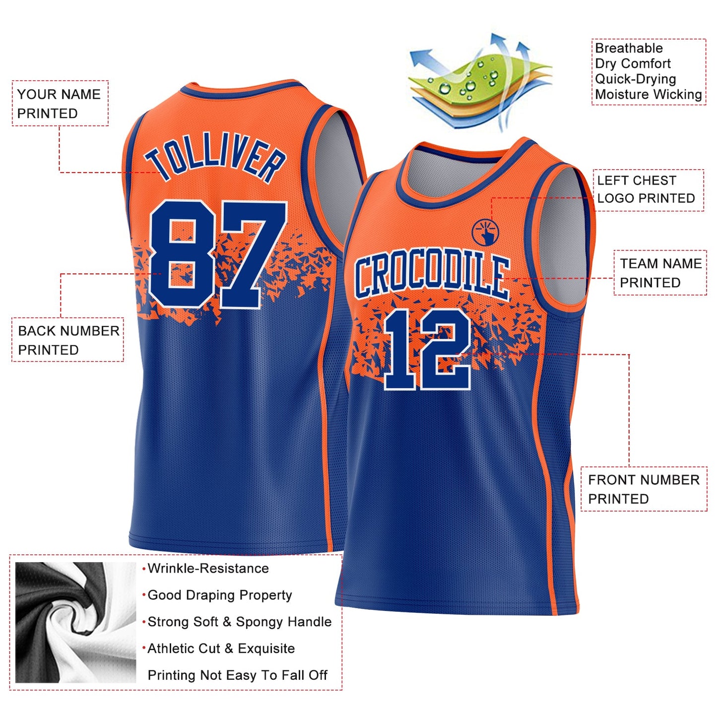 Custom Orange Royal-White Shattered Geometric Side Panel Stripe Round Neck Sublimation Basketball Set Jersey