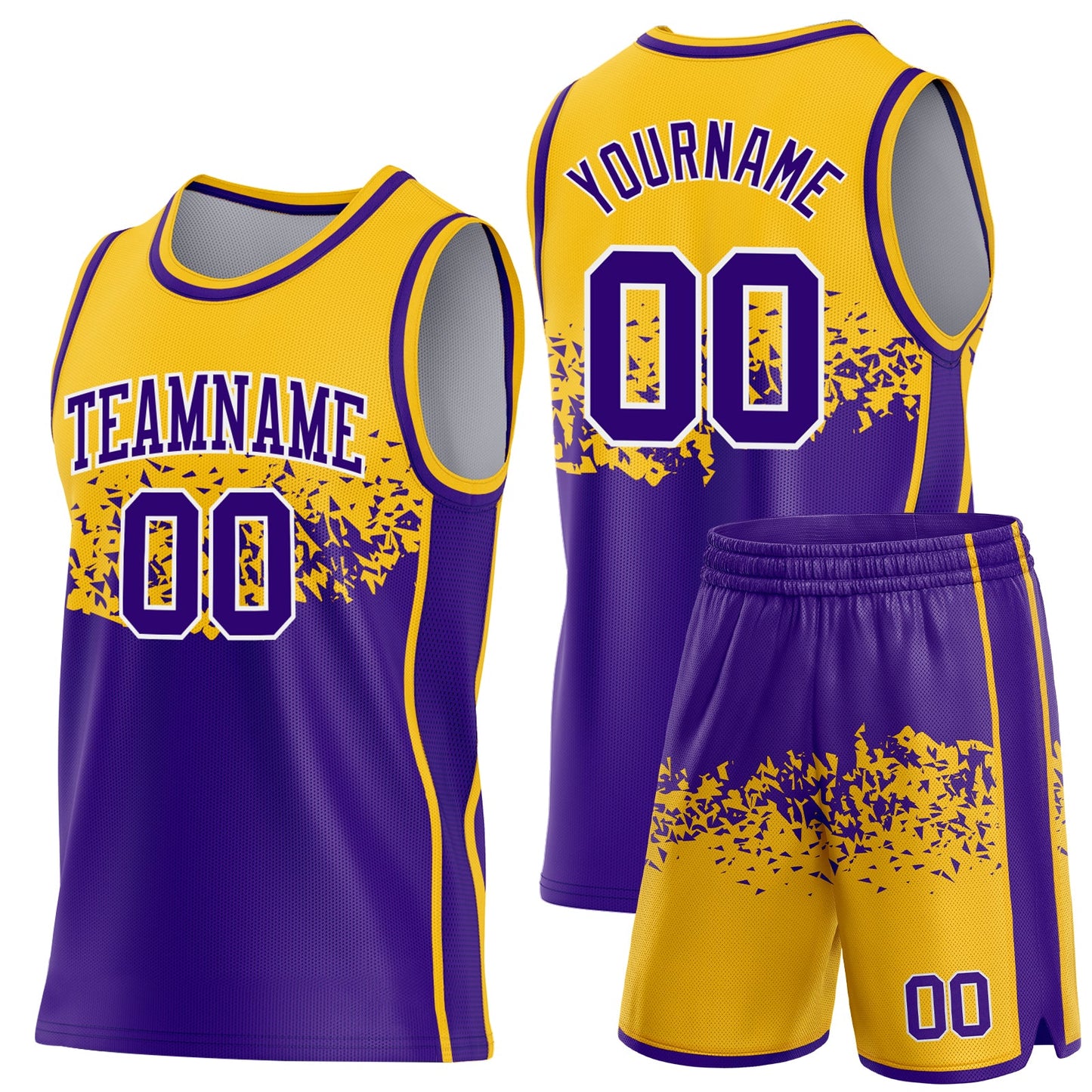 Custom Gold Purple-White Shattered Geometric Side Panel Stripe Round Neck Sublimation Basketball Set Jersey
