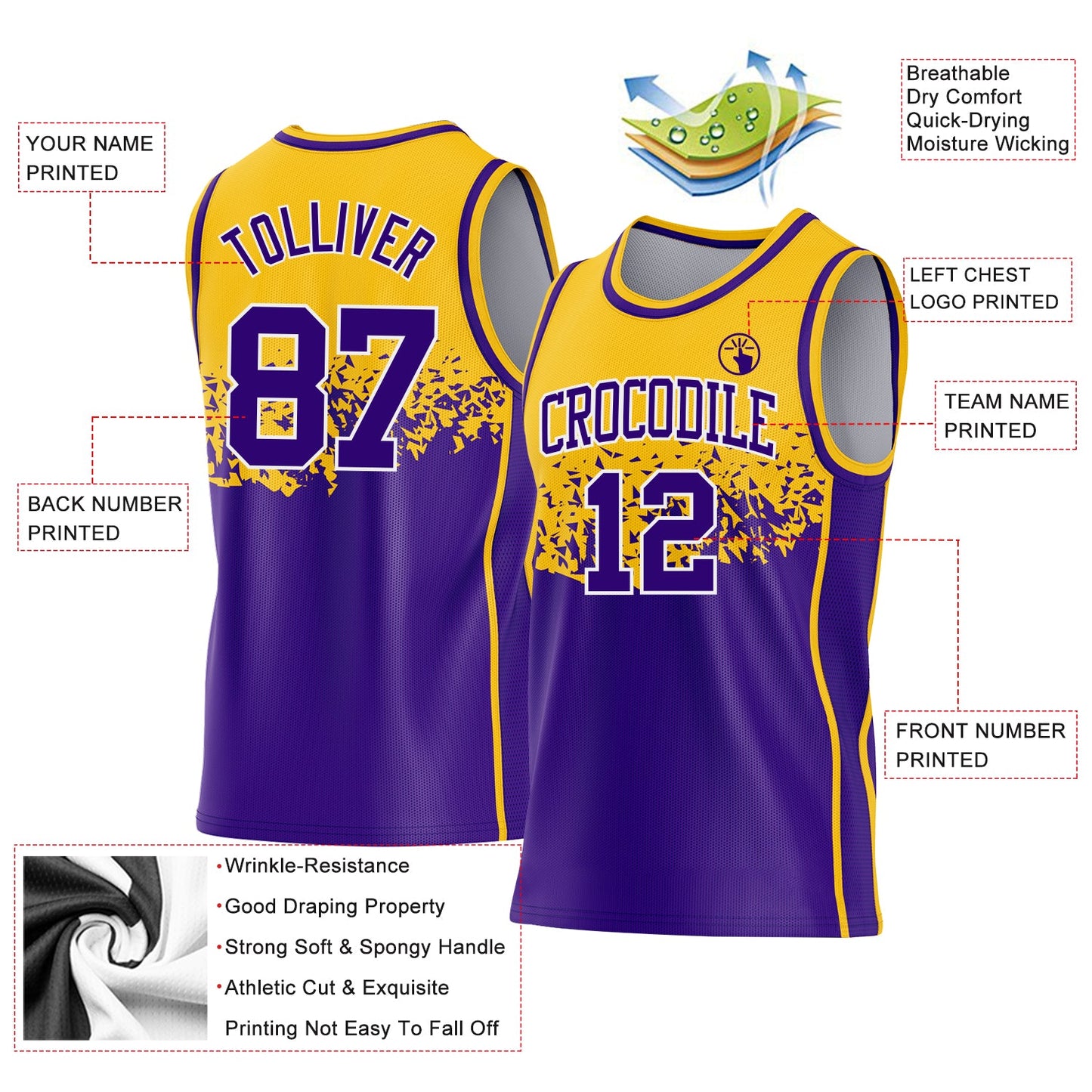 Custom Gold Purple-White Shattered Geometric Side Panel Stripe Round Neck Sublimation Basketball Set Jersey