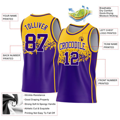 Custom Gold Purple-White Shattered Geometric Side Panel Stripe Round Neck Sublimation Basketball Set Jersey