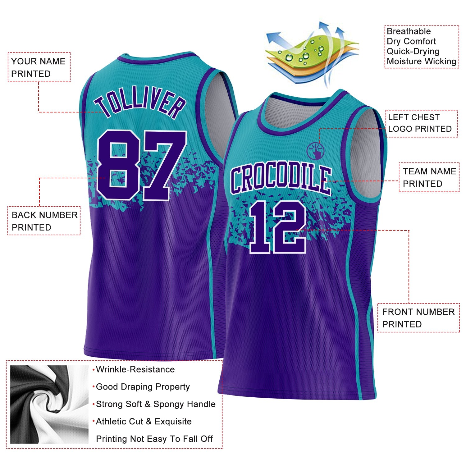 Custom Teal Purple-White Shattered Geometric Side Panel Stripe Round Neck Sublimation Basketball Set Jersey