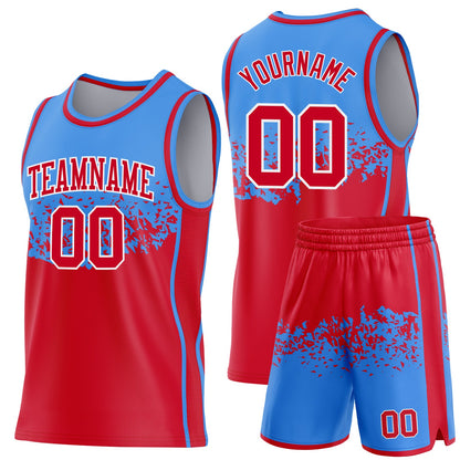 Custom Powder Blue Red-White Shattered Geometric Side Panel Stripe Round Neck Sublimation Basketball Set Jersey
