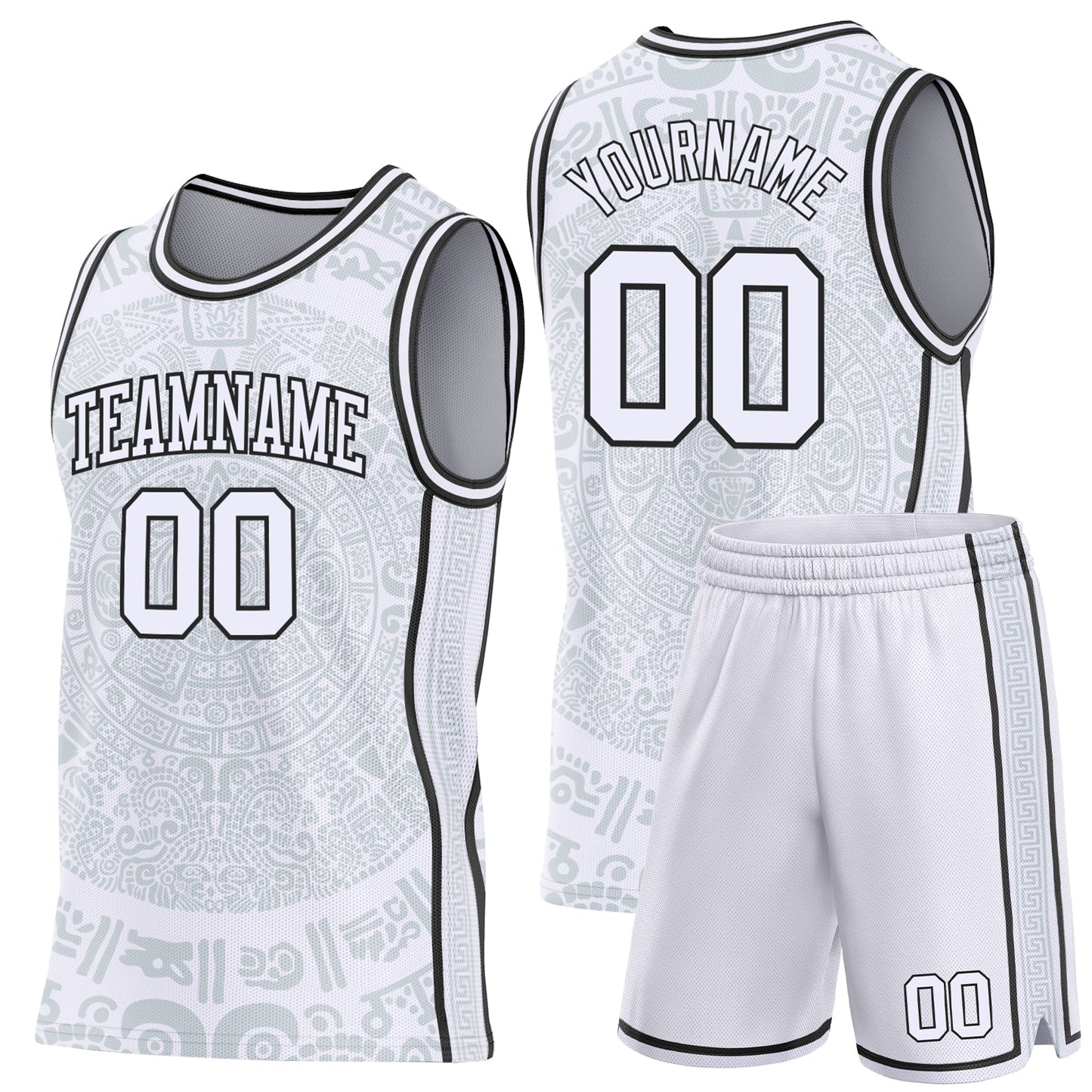 Custom White-Black Tribal Ethnic Aztec Sun Stone Side Panel Stripe Round Neck Sublimation Basketball Set Jersey