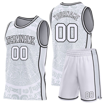 Custom White-Black Tribal Ethnic Aztec Sun Stone Side Panel Stripe Round Neck Sublimation Basketball Set Jersey