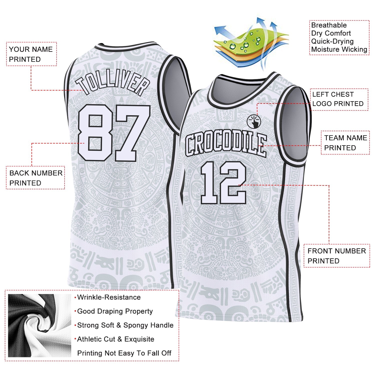 Custom White-Black Tribal Ethnic Aztec Sun Stone Side Panel Stripe Round Neck Sublimation Basketball Set Jersey