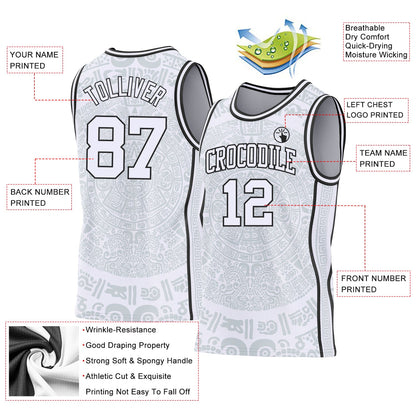 Custom White-Black Tribal Ethnic Aztec Sun Stone Side Panel Stripe Round Neck Sublimation Basketball Set Jersey