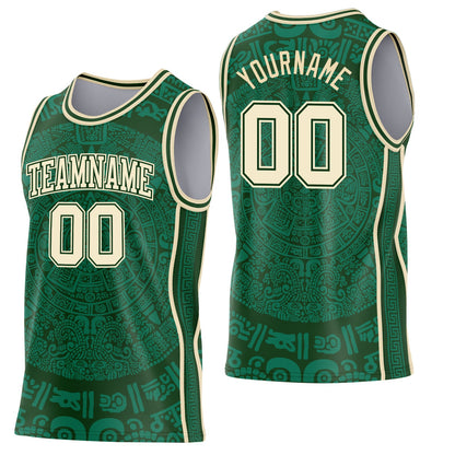 Custom Green-Cream Tribal Ethnic Aztec Sun Stone Side Panel Stripe Round Neck Sublimation Basketball Set Jersey