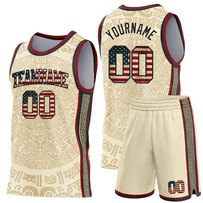 Custom Cream Vintage USA Flag Black-Maroon Tribal Ethnic Aztec Sun Stone Side Panel Stripe Round Neck Sublimation Basketball Set Jersey