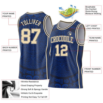 Custom Royal Cream-Navy Tribal Ethnic Aztec Sun Stone Side Panel Stripe Round Neck Sublimation Basketball Set Jersey
