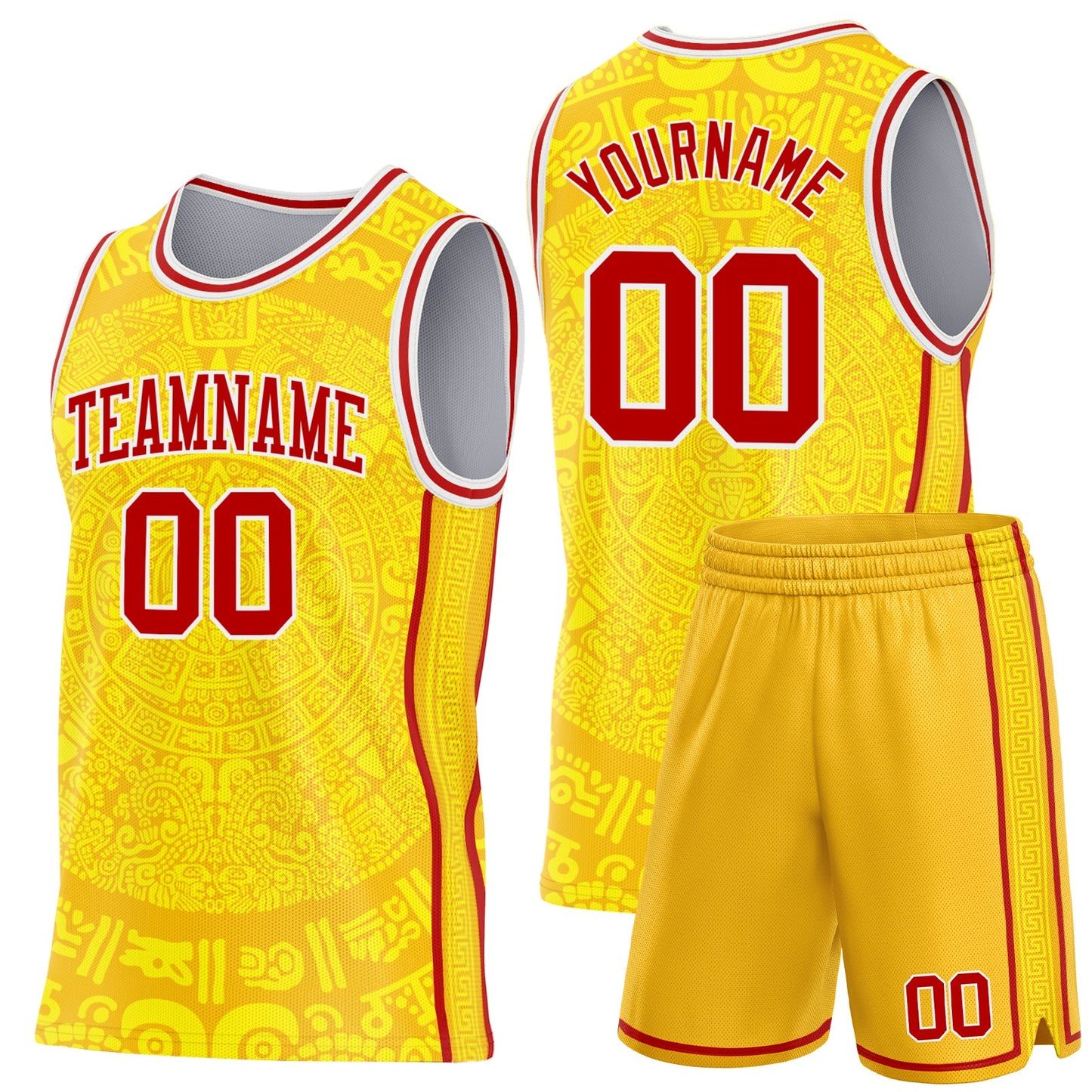 Custom Gold Red-White Tribal Ethnic Aztec Sun Stone Side Panel Stripe Round Neck Sublimation Basketball Set Jersey