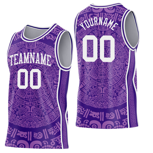 Custom Purple-White Tribal Ethnic Aztec Sun Stone Side Panel Stripe Round Neck Sublimation Basketball Set Jersey