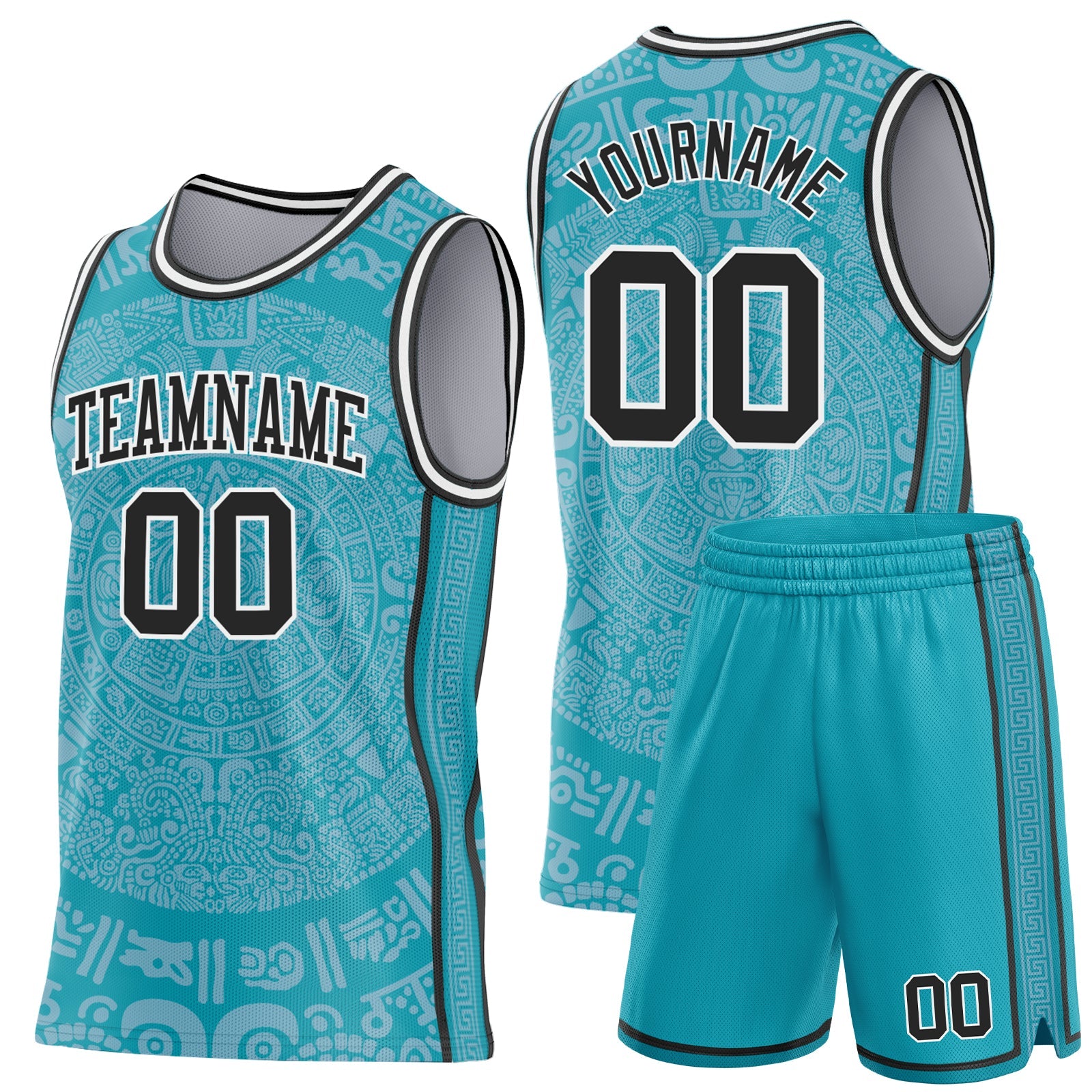Custom Teal Black-White Tribal Ethnic Aztec Sun Stone Side Panel Stripe Round Neck Sublimation Basketball Set Jersey