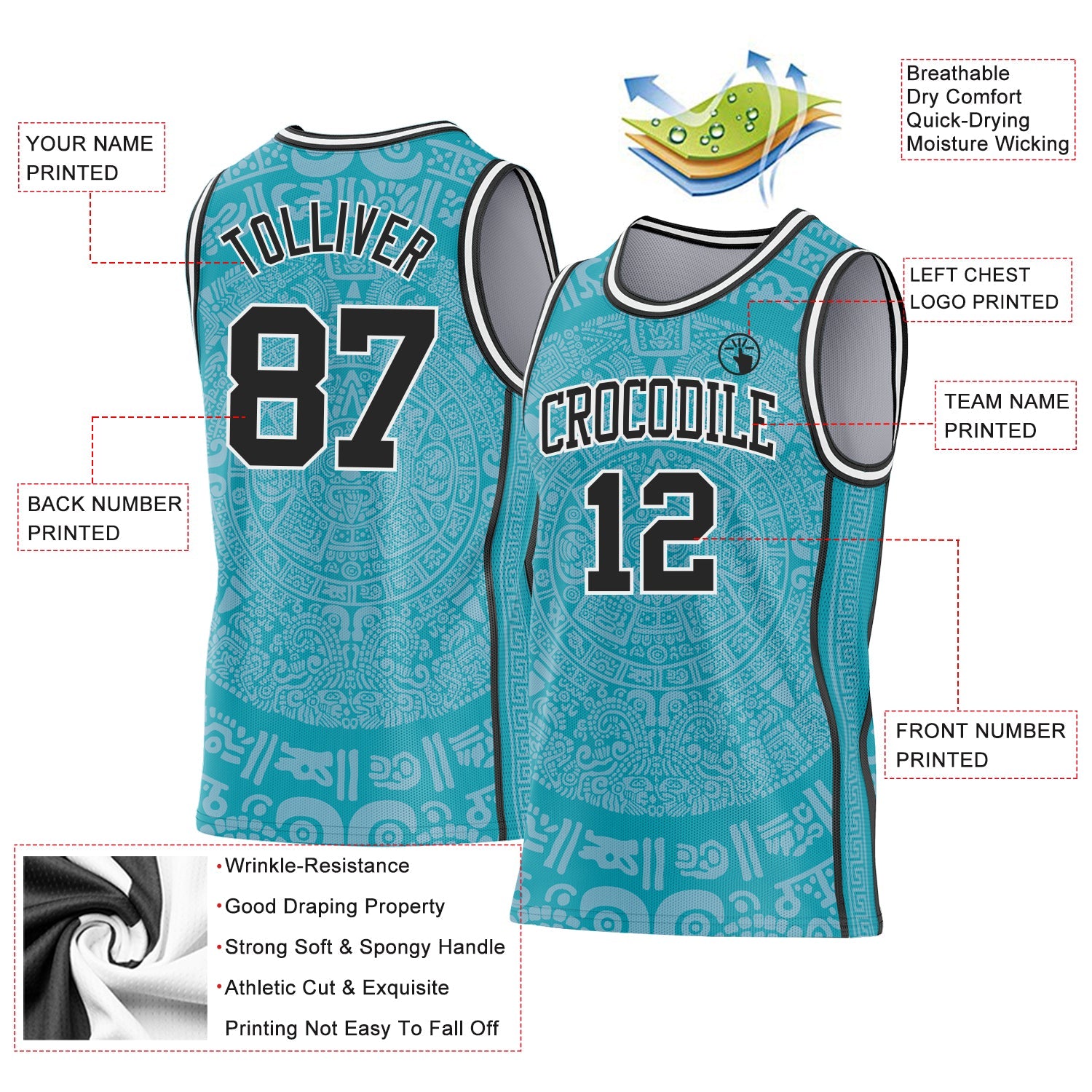 Custom Teal Black-White Tribal Ethnic Aztec Sun Stone Side Panel Stripe Round Neck Sublimation Basketball Set Jersey