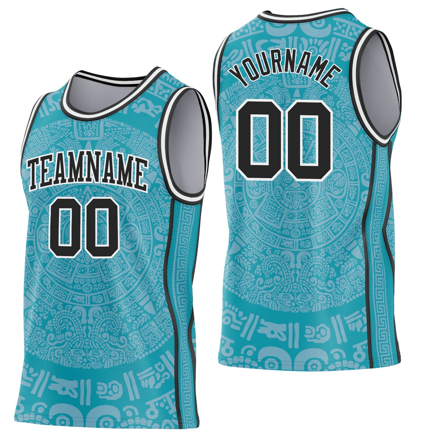 Custom Teal Black-White Tribal Ethnic Aztec Sun Stone Side Panel Stripe Round Neck Sublimation Basketball Set Jersey