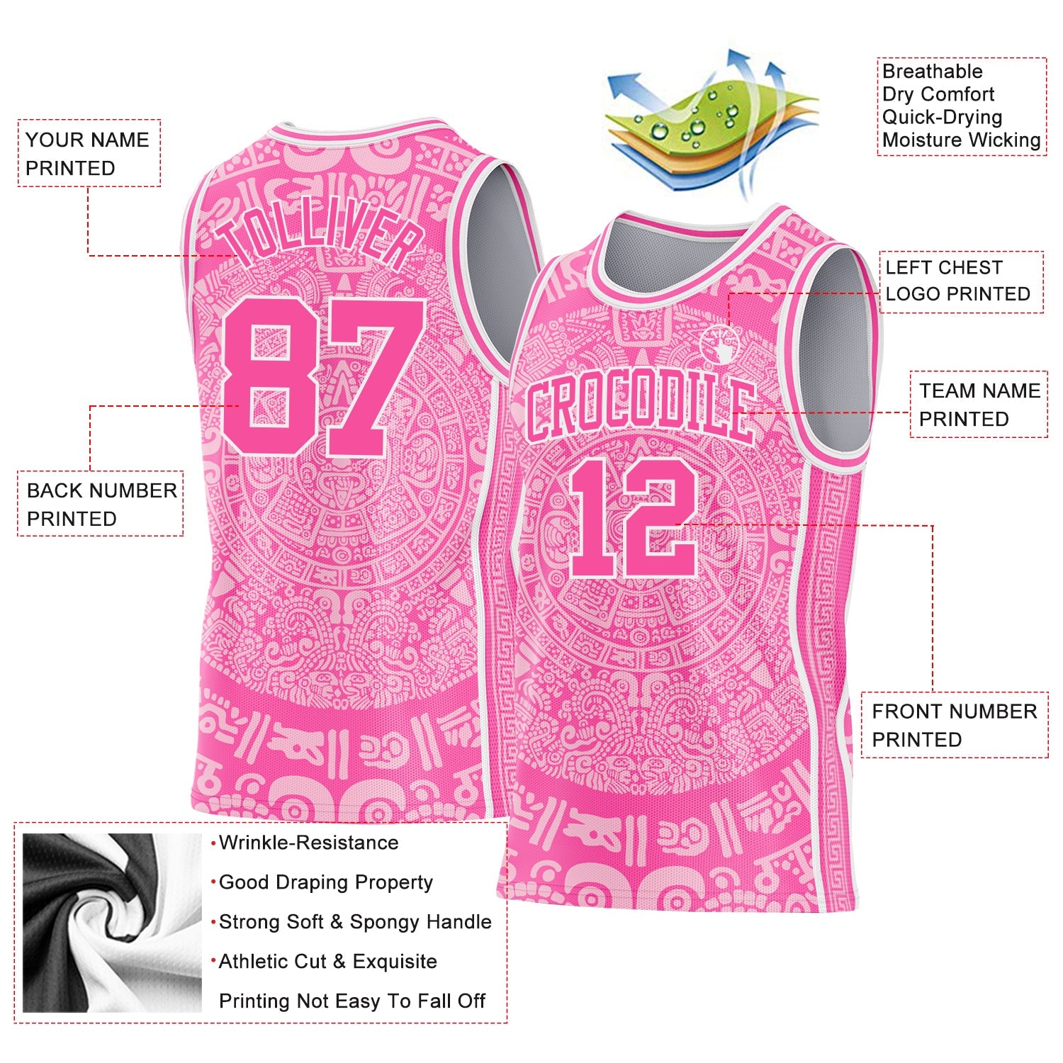 Custom Pink-White Tribal Ethnic Aztec Sun Stone Side Panel Stripe Round Neck Sublimation Basketball Set Jersey