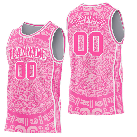 Custom Pink-White Tribal Ethnic Aztec Sun Stone Side Panel Stripe Round Neck Sublimation Basketball Set Jersey