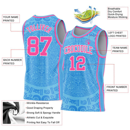 Custom Sky Blue Pink-White Tribal Ethnic Aztec Sun Stone Side Panel Stripe Round Neck Sublimation Basketball Set Jersey